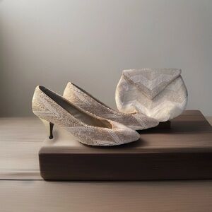 J. Renee Shoes Size 6.5  & Handbag Champagne & White Sparkly Wedding Formal